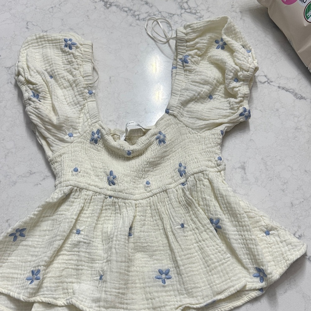 Altar'd State Cream Top with Blue Floral Embroidery